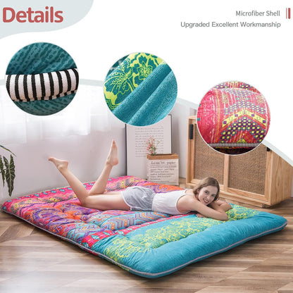 MAXYOYO Bohemian Retro Mattress Boho Floral Japanese Futon Mattress Tatami Floor Mat Foldable Portable Camping, Sleeping Pad, Lounger Couch Bed Full Size
