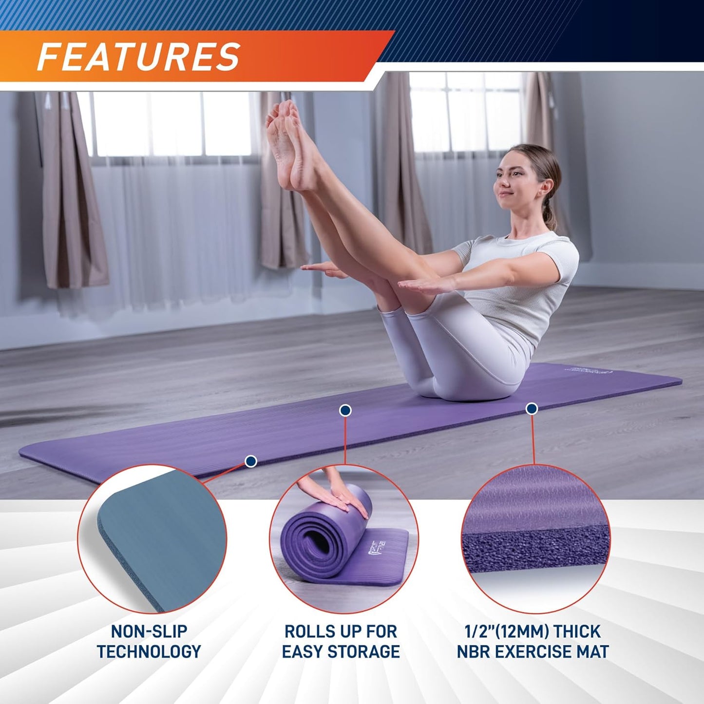 Circuit Fitness by Marcy Non-Slip Multi-Purpose Exercise Yoga Mats with Carrying Strap Multi-Thickness, Multi-Color Options
