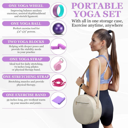 All in One Yoga Wheel Set, Soft Foam Roller Wheel for Back Pain & Stretching, Yoga Blocks 2 Pack with Strap, Trigger Point Therapy Massage Ball for Deep Tissue, Yoga Starter Kit for Beginner