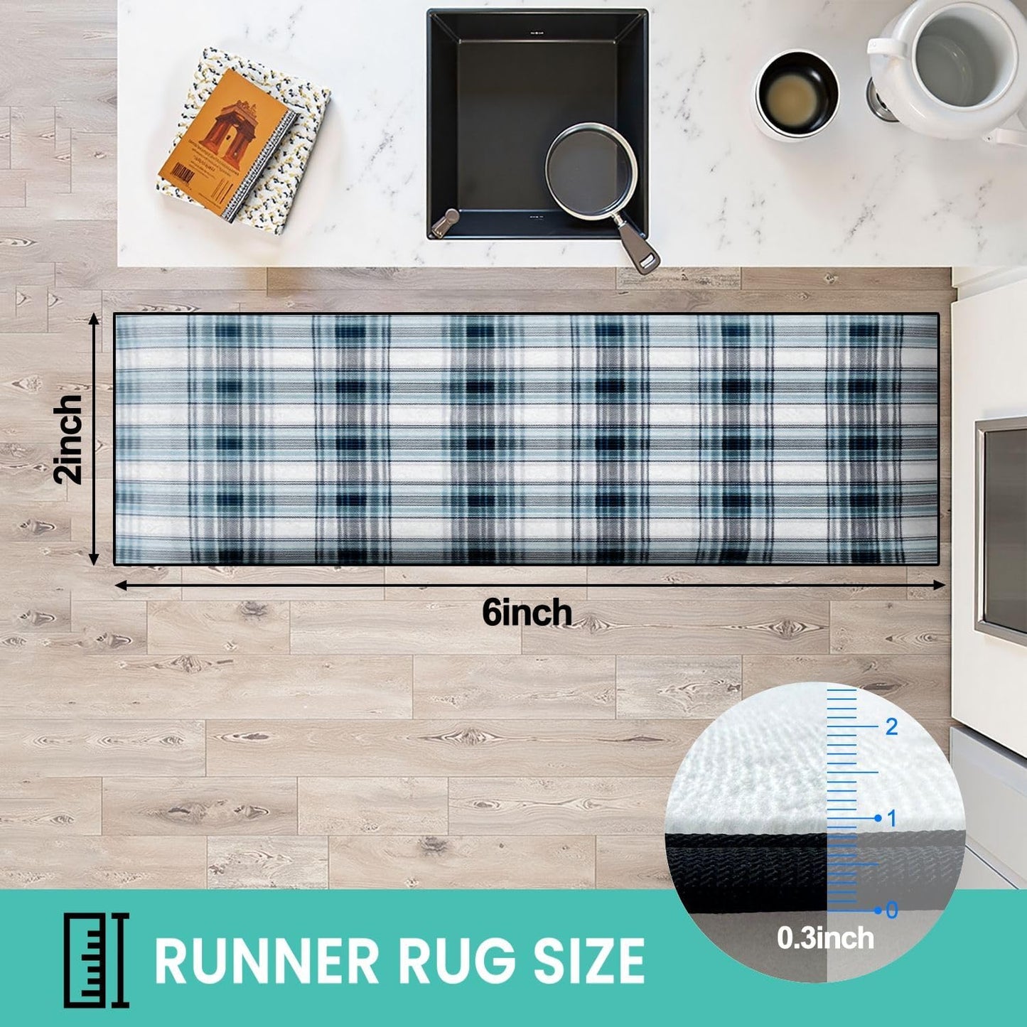 Runner Rug Washable 2x6 White Navy Blue Green Tartan Plaid Scottish Texture from Tartan Plaid Non-Slip Hallway Area Rug Indoor Outdoor Home Decor for Entryway Bathroom Kitchen Carpet Yoga Floor Mat