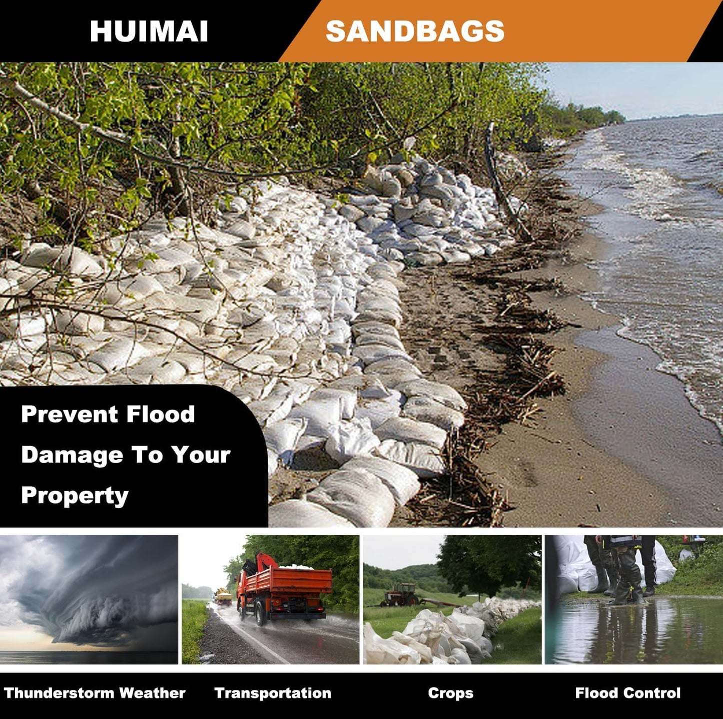 Heavy Duty Sand Bags for Flooding with Tie Strings, 100 Pack Empty Woven Polypropylene Sandbags for Hurricane Flood Control, 100 lbs Capacity, 14x26 inches, White