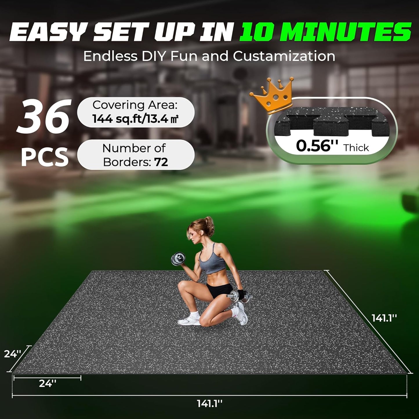 PRAISUN 0.56" Rubber Top Gym Flooring, Heavy Duty Interlocking Gym Mats for Home Gym, Non-Slip Workout Mat, 24 x 24in Large Gym Floor Mat, Protect Floors from Weights & Equipment, 48 Sq Ft, Black/Grey