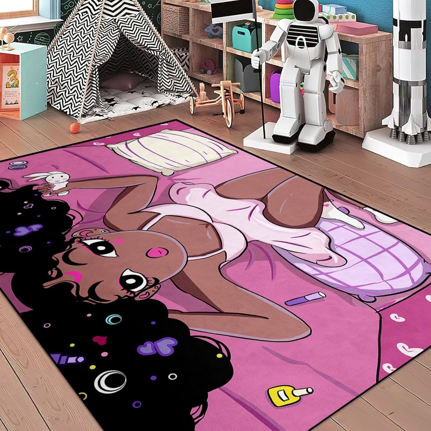 Black Girl Area Rug for Bedroom African American Rugs for Room Princess Carpet Kids Rugs for Bedroom African Girls Carpet for Living Room Teen Girls Yoga Mats, Pink, 4'×5'