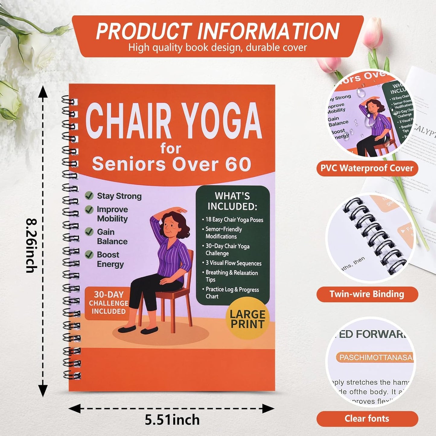 Chair Yoga for Seniors Over 60 Book & Chart – 30-Day Challenge, Gentle Seated Yoga Guide, Chair Yoga for Weight Loss & Flexibility, Senior Chair Exercises for Women & Men，Top Choice for Family Gifts (Purple)