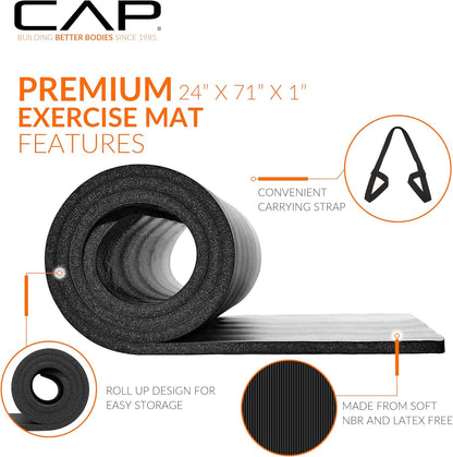 CAP Barbell 1-Inch High Density Exercise Yoga Mat with Strap | Multiple Colors