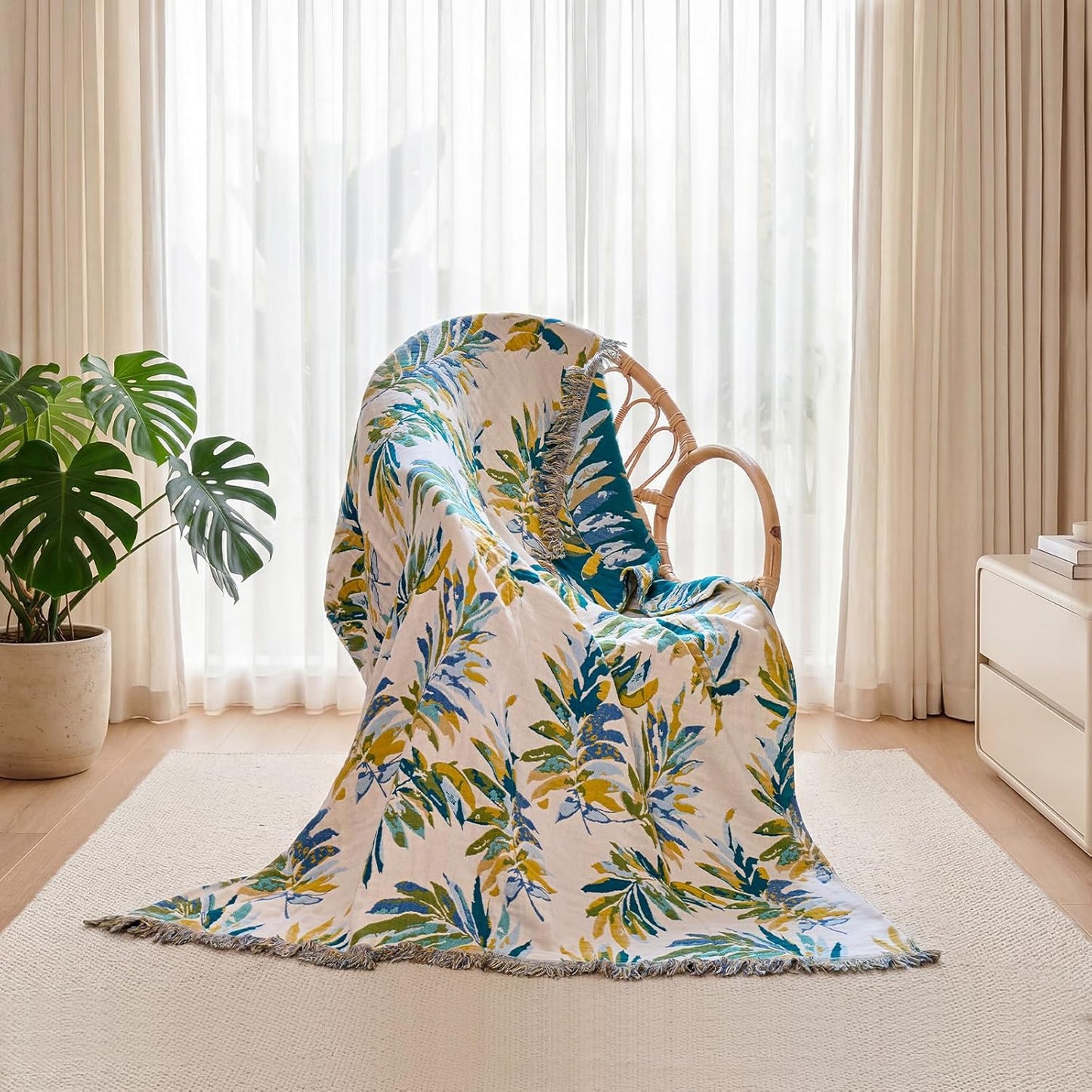 Boho Throw Blanket - 100% Cotton Soft Summer Throw Blanket for Bed, 50"x60" Reversible Breathable Lightweight Blankets, All Seasons Farmhouse Decor Floral Plant Butterfly Throw Quilt