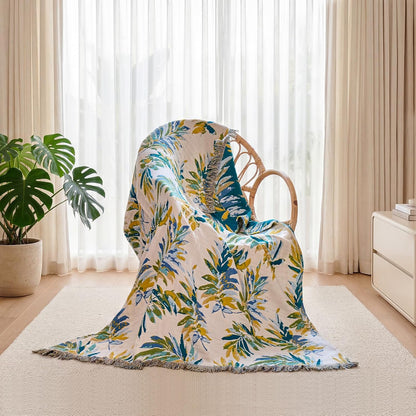 Boho Throw Blanket - 100% Cotton Soft Summer Throw Blanket for Bed, 50"x60" Reversible Breathable Lightweight Blankets, All Seasons Farmhouse Decor Floral Plant Butterfly Throw Quilt