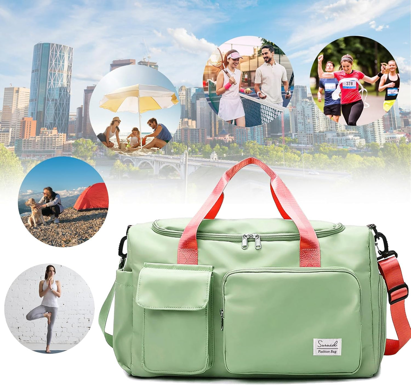 Suruid Travel Yoga Duffel Bag with Shoes Compartment Sports Gym Handbag with Dry Wet Separated Pocket for Training Men and Women, Overnight /Weekender Bag - Pink