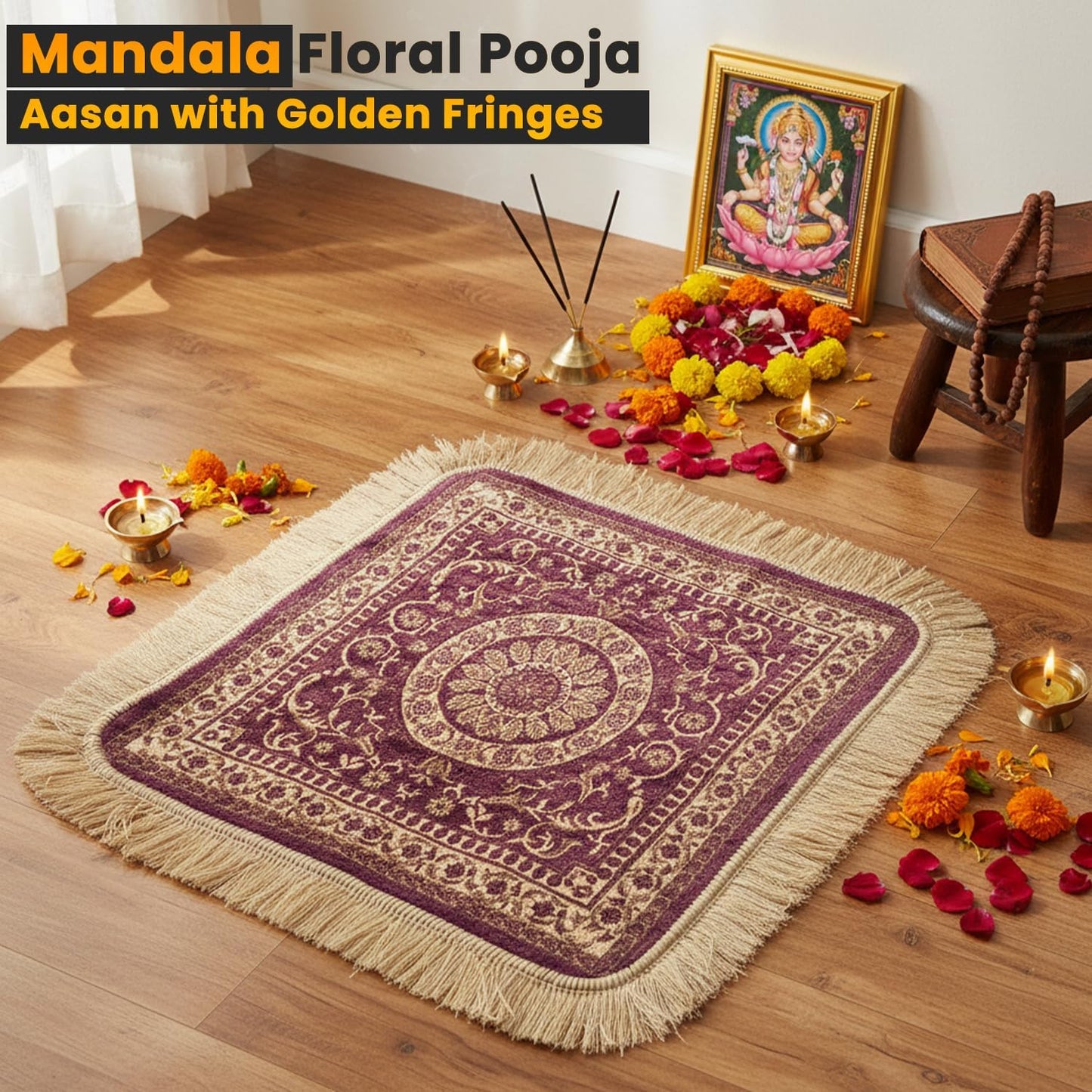 Soft Chenille Prayer Mat | Traditional Mandala Floral Pooja Aasan with Golden Fringes | Multipurpose Square Rug for Meditation, Yoga, Puja Room & Home (Red, 2x2 Feet)