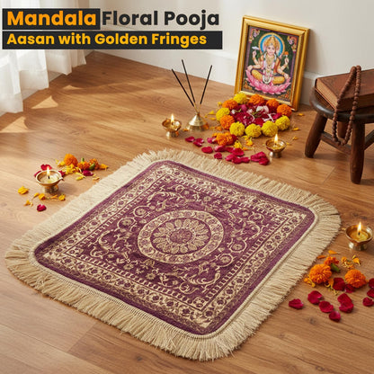 Soft Chenille Prayer Mat | Traditional Mandala Floral Pooja Aasan with Golden Fringes | Multipurpose Square Rug for Meditation, Yoga, Puja Room & Home (Red, 2x2 Feet)