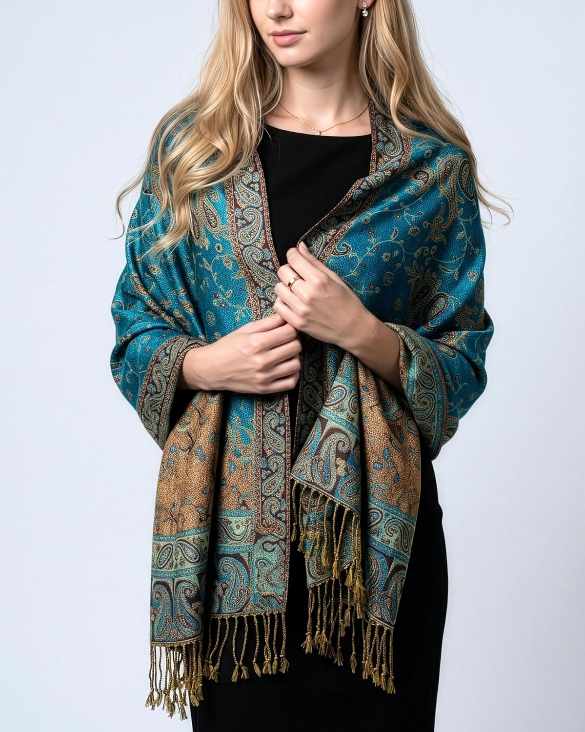 Achillea Reversible Paisley Pashmina Rave Scarf – Exotic Indian Shawls and Wraps for Evening Dresses, Festivals, All Seasons - Colors B