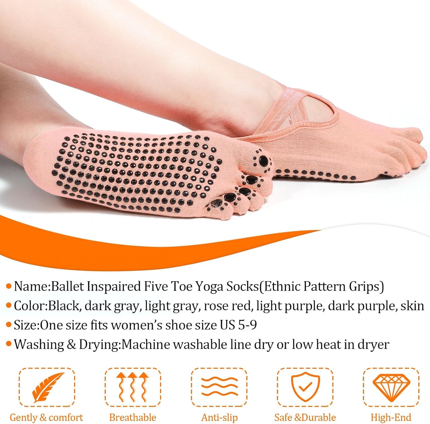 SATINIOR 7 Pairs Yoga Toe Socks with Grip Women Non Slip Sticky Full Toe Socks for Pilates, Ballet, Dance, Barefoot (Multi Colors)