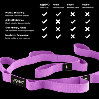 YOGA-EVO Elastic Stretching Strap with Loops for Physical Therapy - Stretch & Activate Muscles - Increase Mobility & Recovery - Soft Cotton & Spandex - Includes Carrying Pouch & Video Exercises