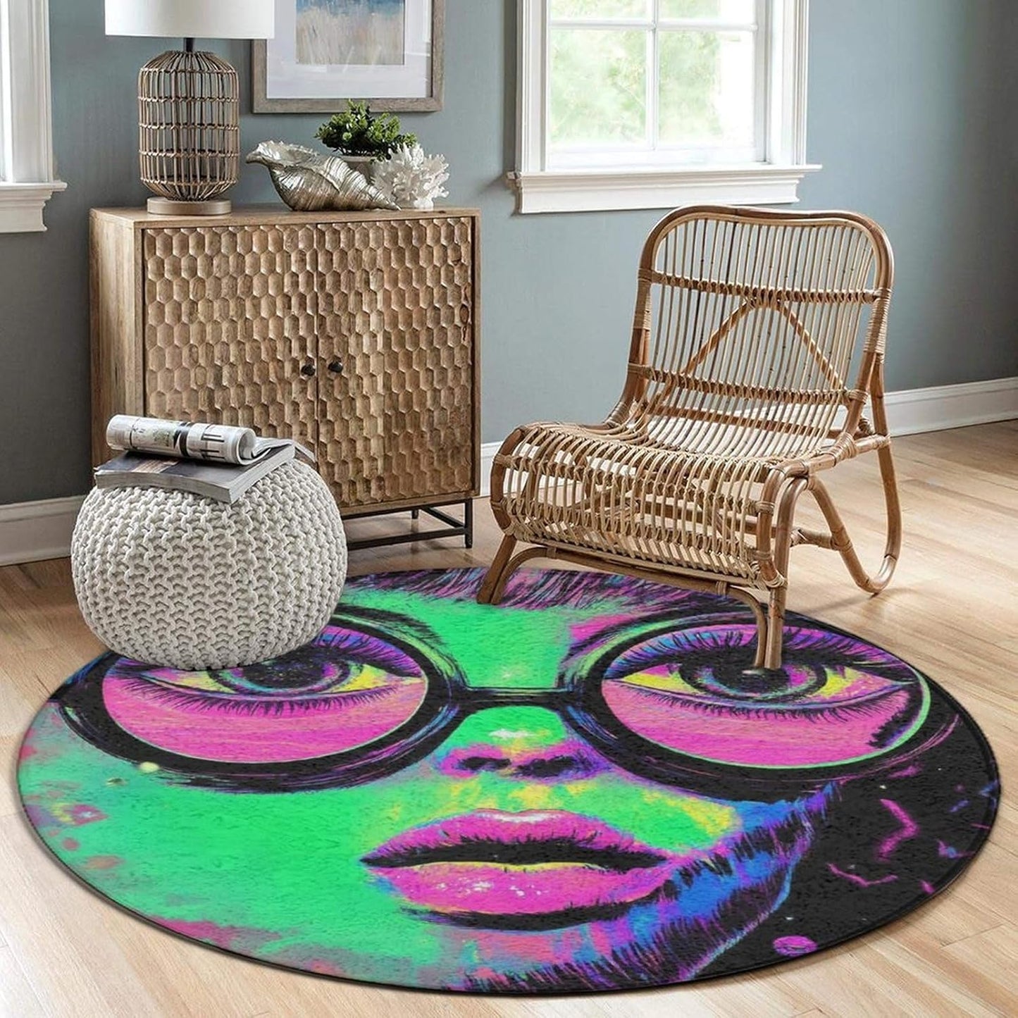 Machine Washable Modern Round Area Rug, Room Sofa Yoga Soft Round Carpet, Home Decor Non Slip Kitchen Office Circle Rug Union Jack Flag UK Mandala Art, 60inch