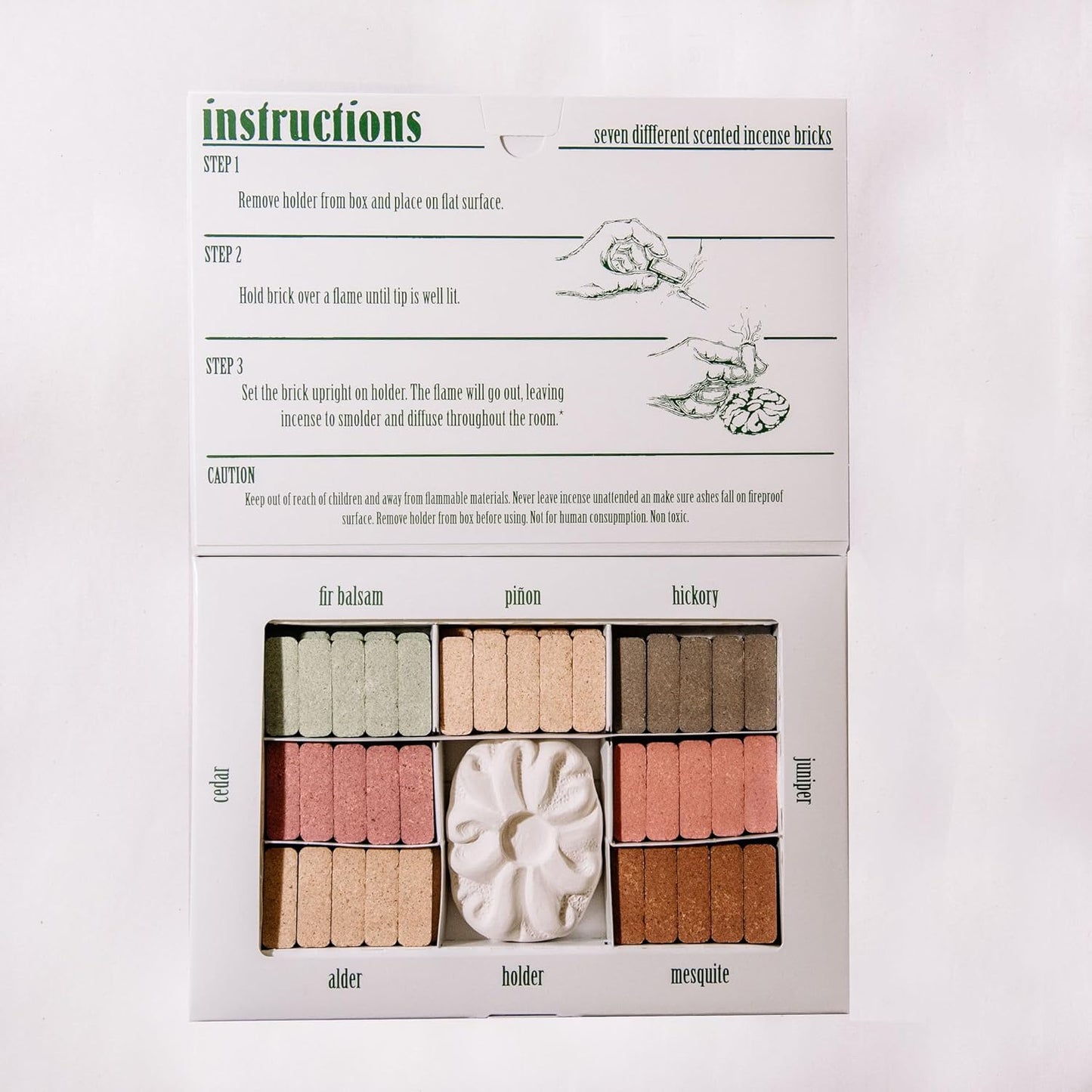 Incienso de Santa Fe - 7 Scent Sampler Natural Wood Incense with Burner, Includes Piñon, Cedar, Juniper, Hickory, Alder, Mesquite, and Fir Balsam (70 Bricks) - Made in the USA