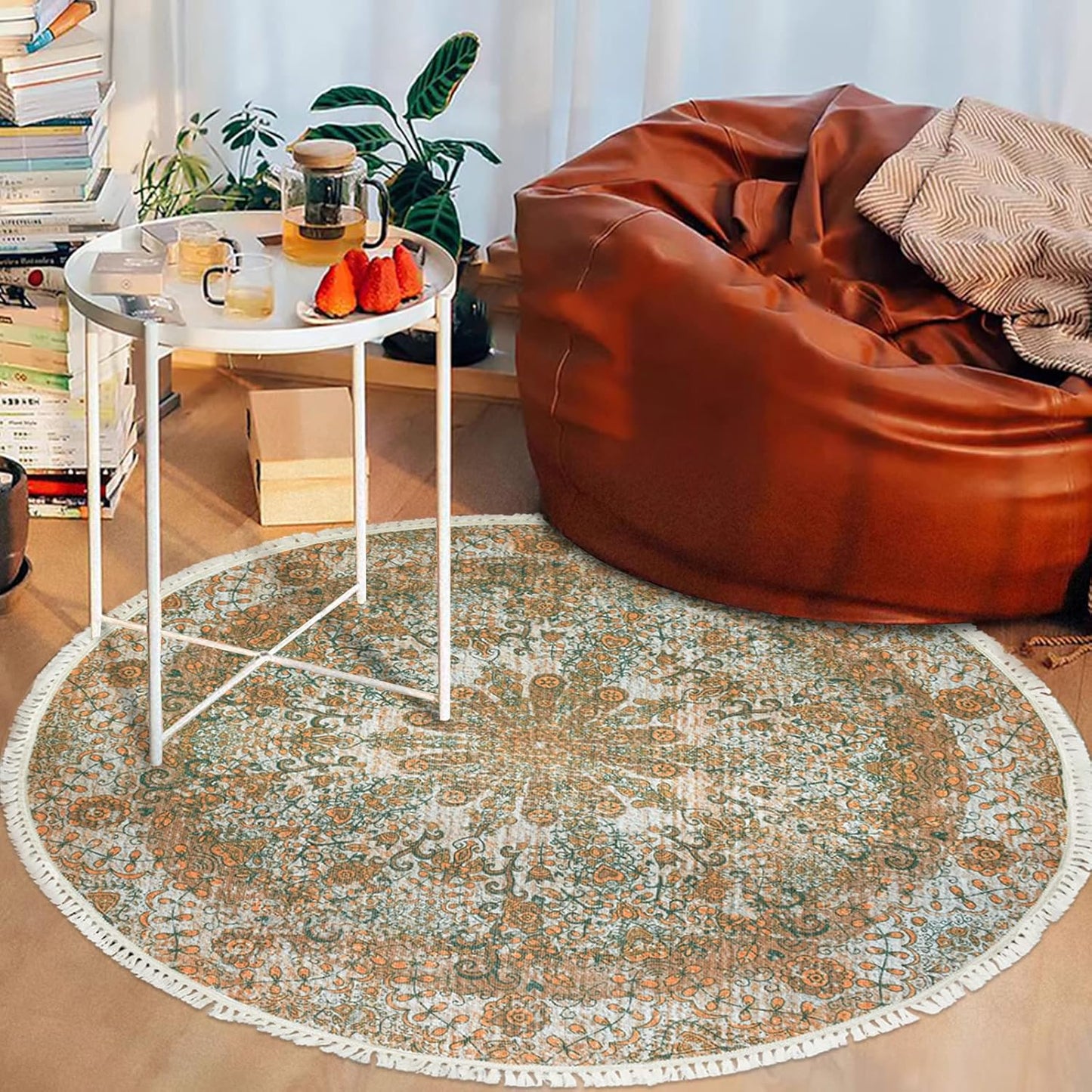 Boho Rug 5Ft Round Bedroom Carpet Circle Nonslip Farmhouse Area Rug Rustic Mandala Floor Mat for Living Room Locker Room Tassel Yoga Throw Rugs Washable Doormat, Purple