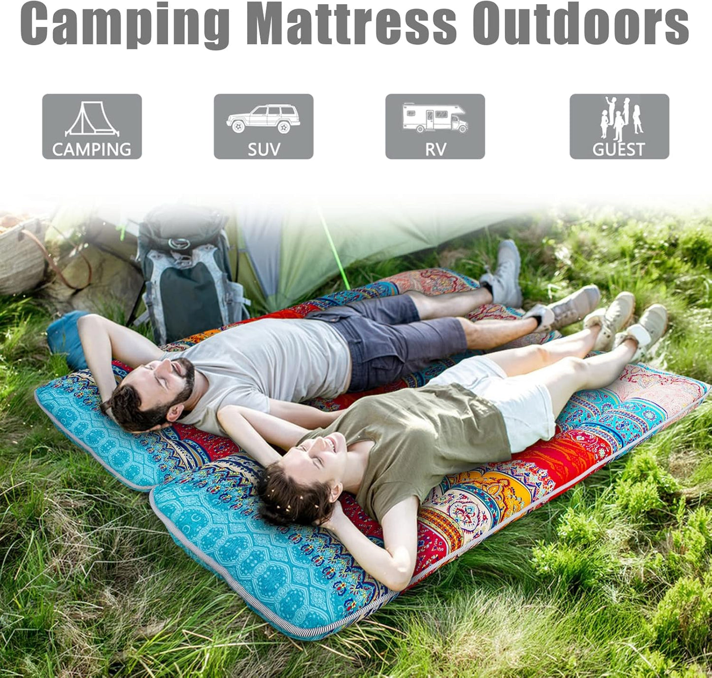 MAXYOYO Bohemian Retro Mattress Boho Floral Japanese Futon Mattress Tatami Floor Mat Foldable Portable Camping, Sleeping Pad, Lounger Couch Bed Full Size