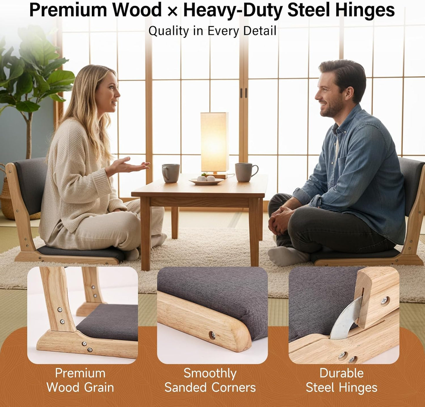 Tiita 2Pcs Floor Games Chair, Foldable Meditation Tatami Chairs, Backrest Chair with Cushion, Living Room Chair Seat, Wood Grey