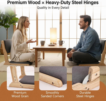Tiita 2Pcs Floor Games Chair, Foldable Meditation Tatami Chairs, Backrest Chair with Cushion, Living Room Chair Seat, Wood Grey