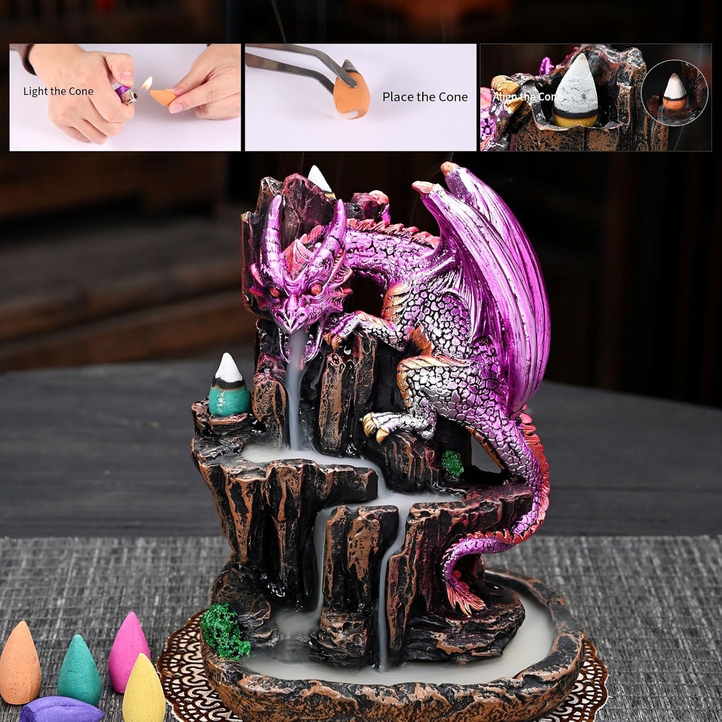 Dragon Backflow 2 Sided Mountain Waterfall Incense Burner,Fountain Smoke Incense Holder with Backflow Incense Cones, Tweezers, Mat，Resin Aromatherapy Meditation (Green)