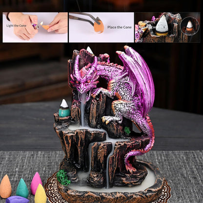 Dragon Backflow 2 Sided Mountain Waterfall Incense Burner,Fountain Smoke Incense Holder with Backflow Incense Cones, Tweezers, Mat，Resin Aromatherapy Meditation (Green)
