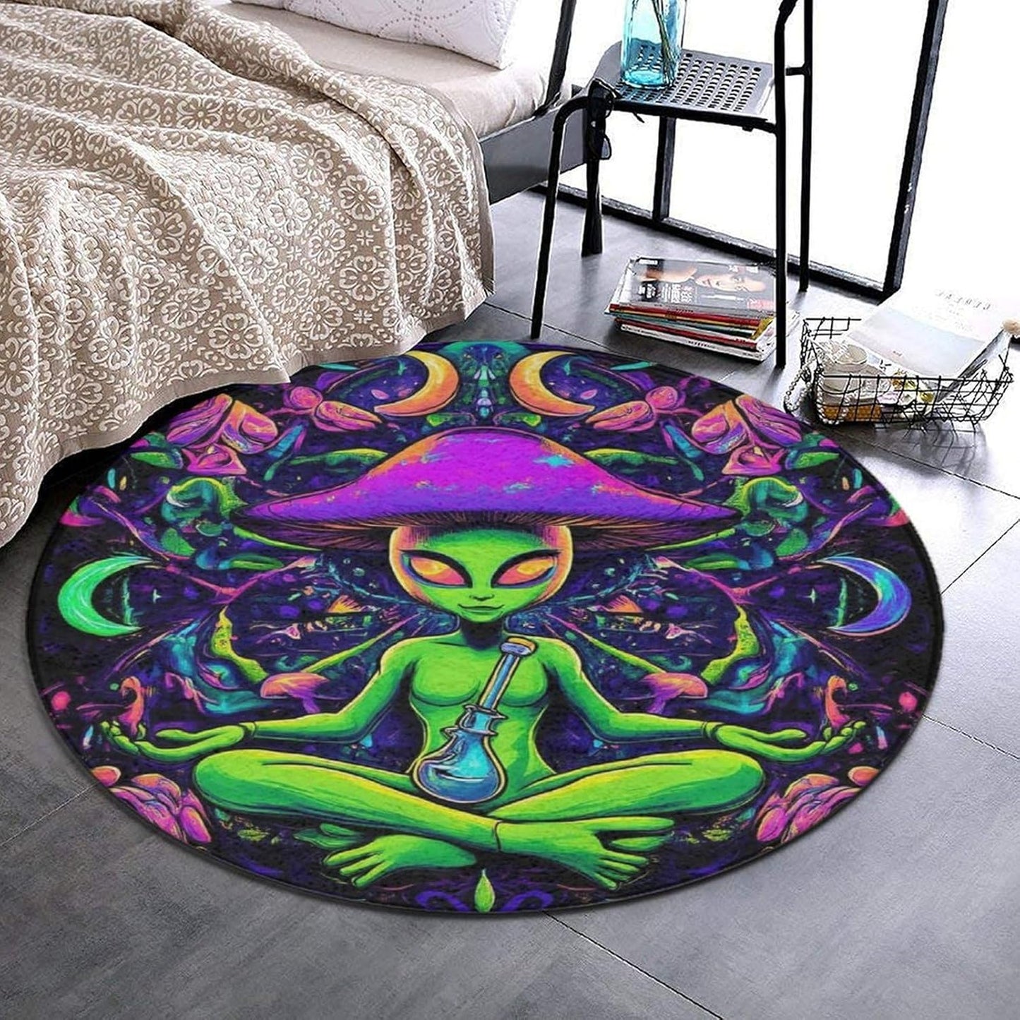 Home Decor Non Slip Kitchen Office Circle Rug, Machine Washable Modern Round Area Rug, Room Sofa Yoga Soft Round Carpet Purple Galaxy Trippy Space Astronaut Art, 36inch