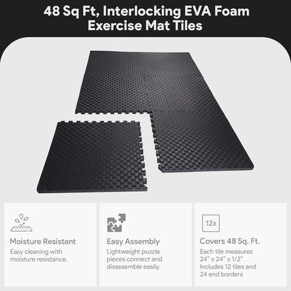BalanceFrom Puzzle Exercise Mat 1" Thick, EVA Interlocking Foam Floor Tiles for Home Gym, Mat for Home Workout Equipment, Floor Padding for Kids, Black, 24 in x 24 in x 1 in, 24 Sq Ft - 6 Tiles