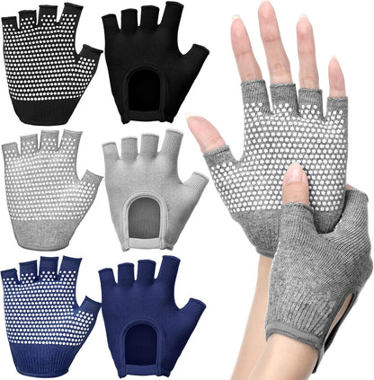 Shyyween 3 Pairs Silicone Grip Yoga Gloves Non Slip Fingerless Pilates Gym Workout Gloves for Women Men, One Size Fits Most, Comfortable and Breathable