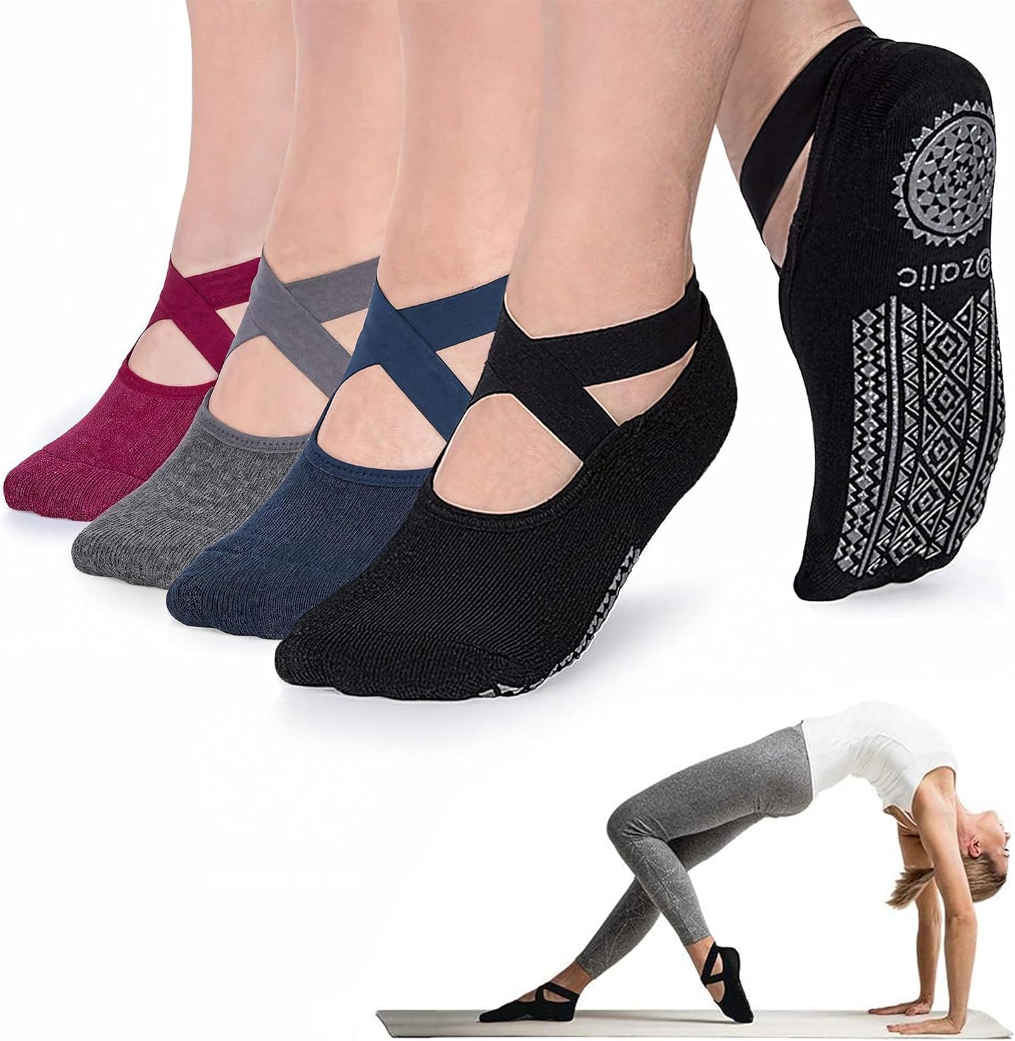 Ozaiic Pilates Socks for Women Non Slip Grip, Yoga Socks with Grippers for Barre, Hospital, Ballet, Dance, Barefoot Workout