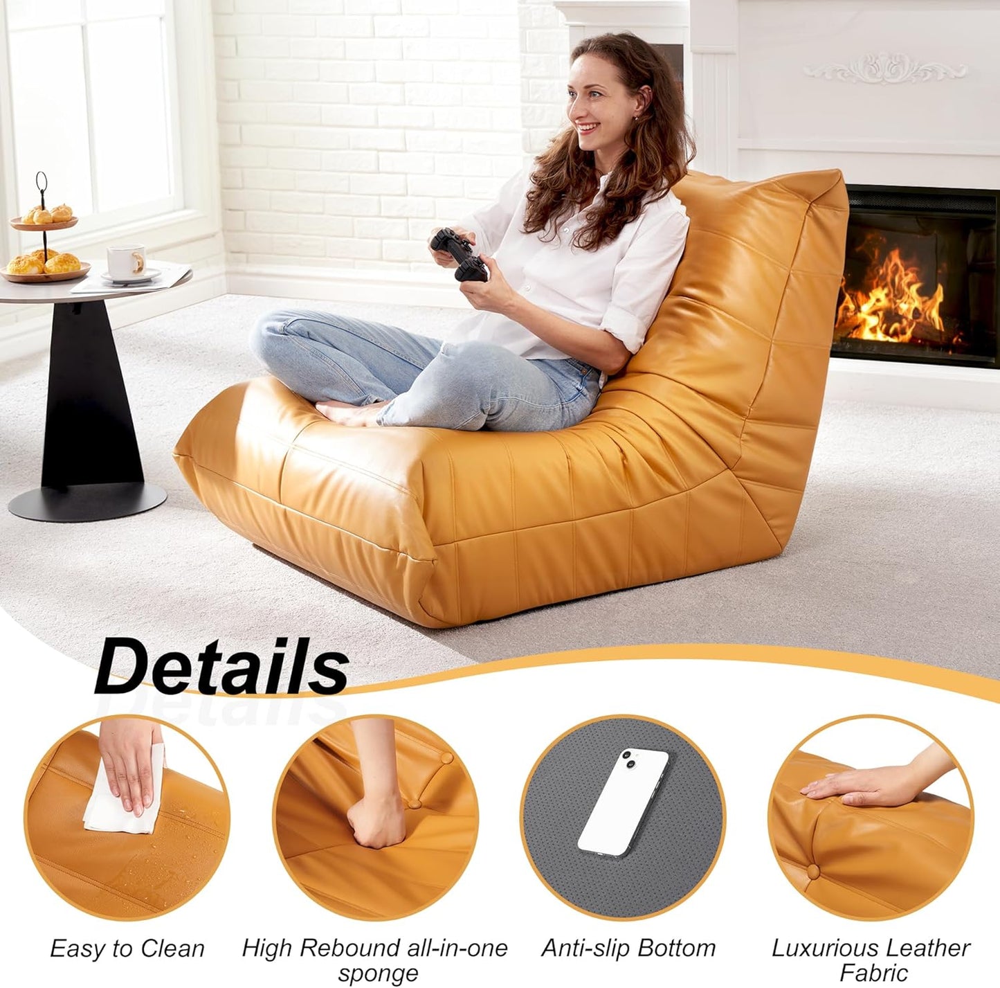 Hobestluk Giant Bean Bag Chair Lazy Floor Sofa, Memory Foam Fireside Sofa for Adults, Big Beanbag Faux Leather Armless Chair for Living Room Bedroom Dorm Office (Brown, Single)