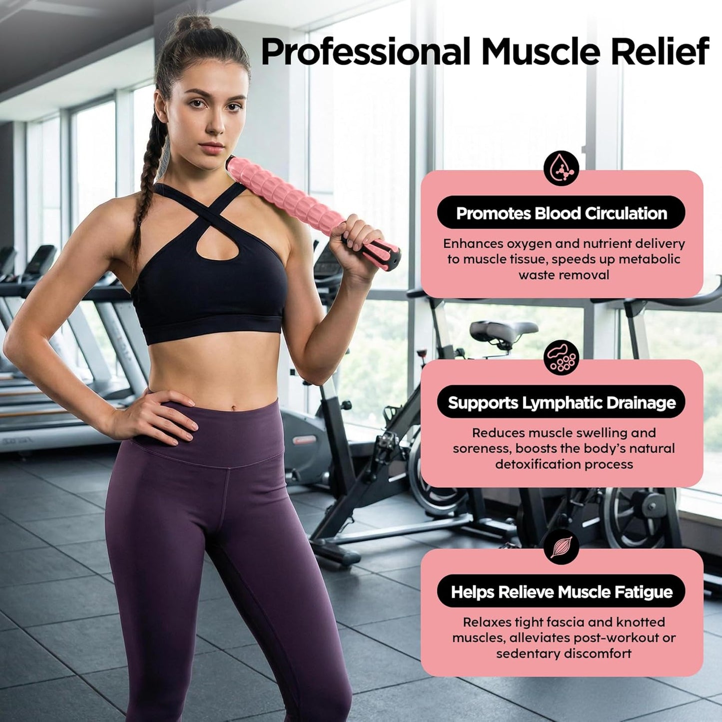 Muscle Roller Massage Roller Stick- Deep Tissue Fascia Blaster for Myofascial Pain Relief, Lymphatic Drainage & Body Sculpting, Handheld Physical Therapy & Recovery Tool (Gray black-18 inch)
