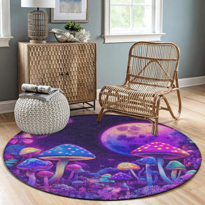 Machine Washable Modern Round Area Rug, Room Sofa Yoga Soft Round Carpet, Home Decor Non Slip Kitchen Office Circle Rug Trippy Rainbow Mushroom Tie Dye Art, 60inch