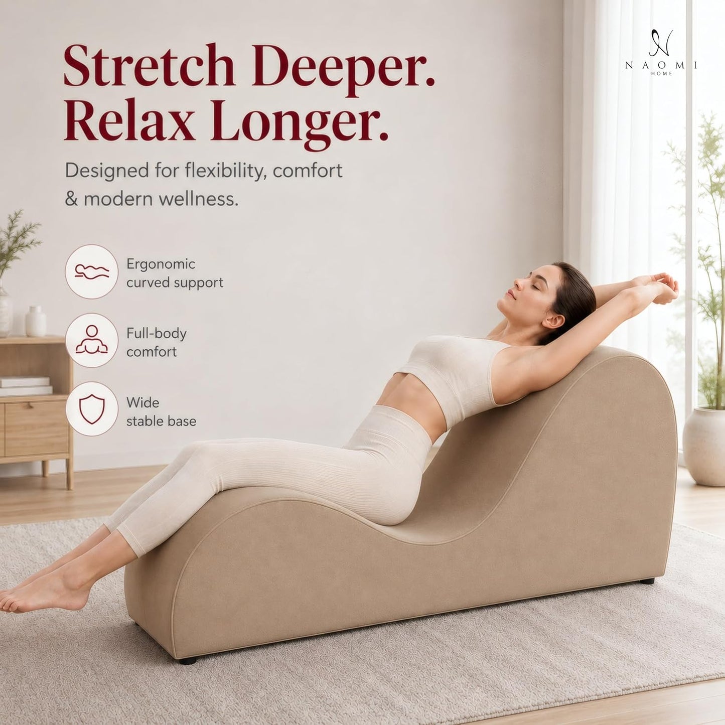 Naomi Home Yoga Chair for Adults - Ergonomic Yoga Chaise Lounge Bench, Wood & Metal Frame, 330 lb Capacity, Upholstered Microfiber Lounge for Deep Stretching, Relaxation & Creative Comfort - Red