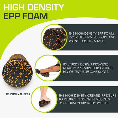 ProsourceFit High Density Foam Rollers 12 - inches long, Firm Full Body Athletic Massage Tool for Back Stretching, Yoga, Pilates, Post Workout Muscle Recuperation, Black