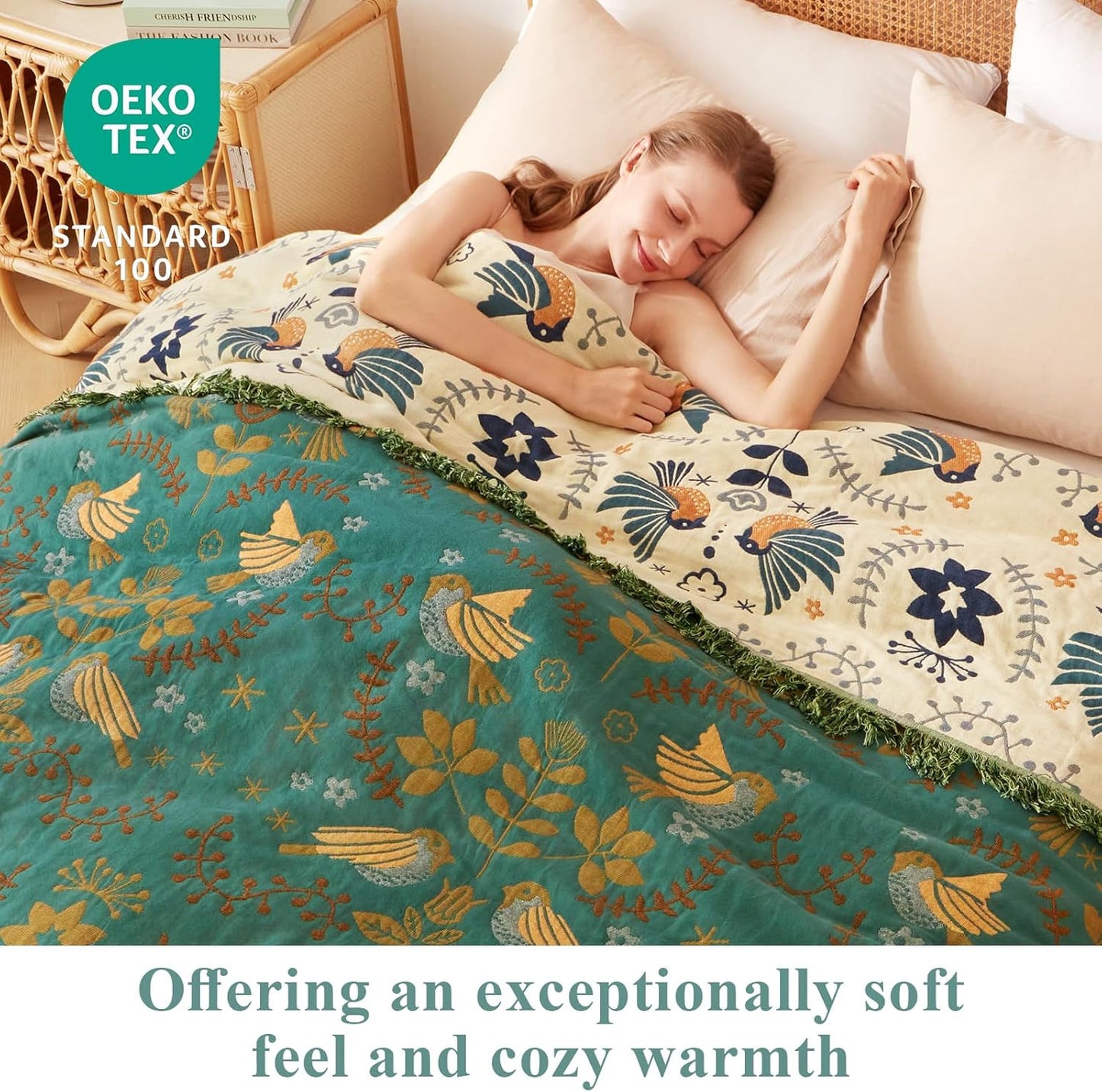 Boho Throw Blanket - 100% Cotton Soft Summer Throw Blanket for Bed, 50"x60" Reversible Breathable Lightweight Blankets, All Seasons Farmhouse Decor Floral Plant Butterfly Throw Quilt