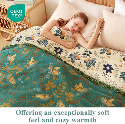 Boho Throw Blanket - 100% Cotton Soft Summer Throw Blanket for Bed, 50"x60" Reversible Breathable Lightweight Blankets, All Seasons Farmhouse Decor Floral Plant Butterfly Throw Quilt