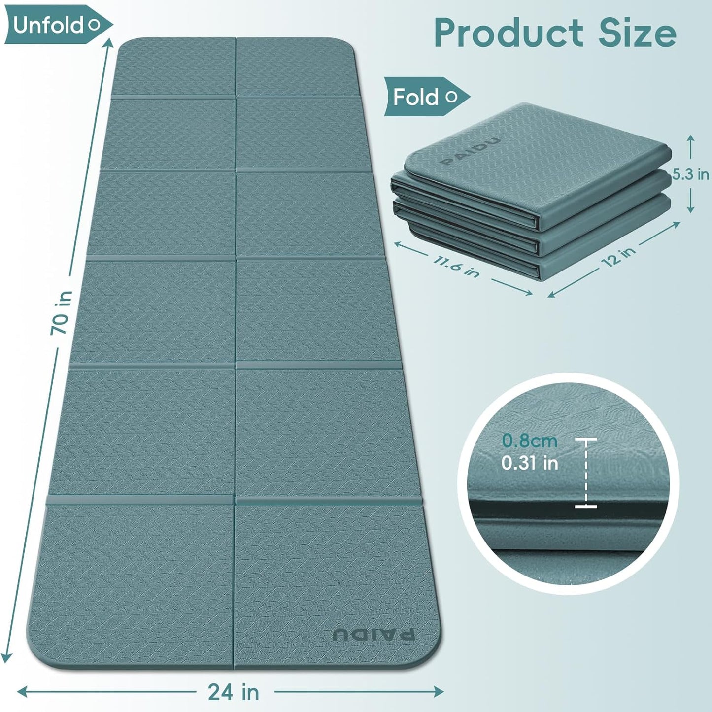 PAIDU Foldable Yoga Mat for Travel, 70"x24"x0.31" (8MM) TPE Double-Sided Non-Slip Pilates Mat with Carrying Bag for Yoga, Pilates, Fitness and Home/Outdoor Workouts
