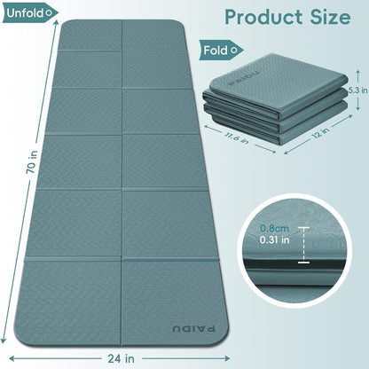 PAIDU Foldable Yoga Mat for Travel, 70"x24"x0.31" (8MM) TPE Double-Sided Non-Slip Pilates Mat with Carrying Bag for Yoga, Pilates, Fitness and Home/Outdoor Workouts