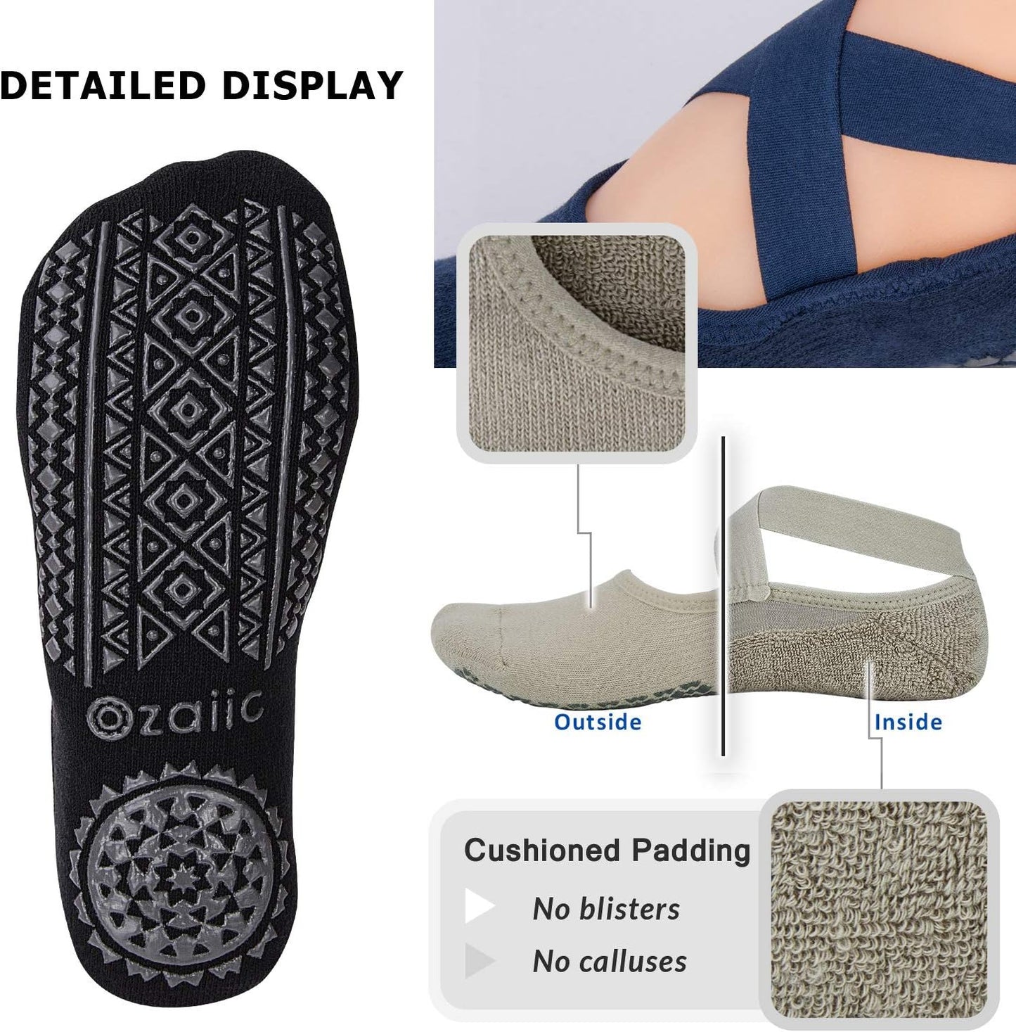 Ozaiic Pilates Socks for Women Non Slip Grip, Yoga Socks with Grippers for Barre, Hospital, Ballet, Dance, Barefoot Workout