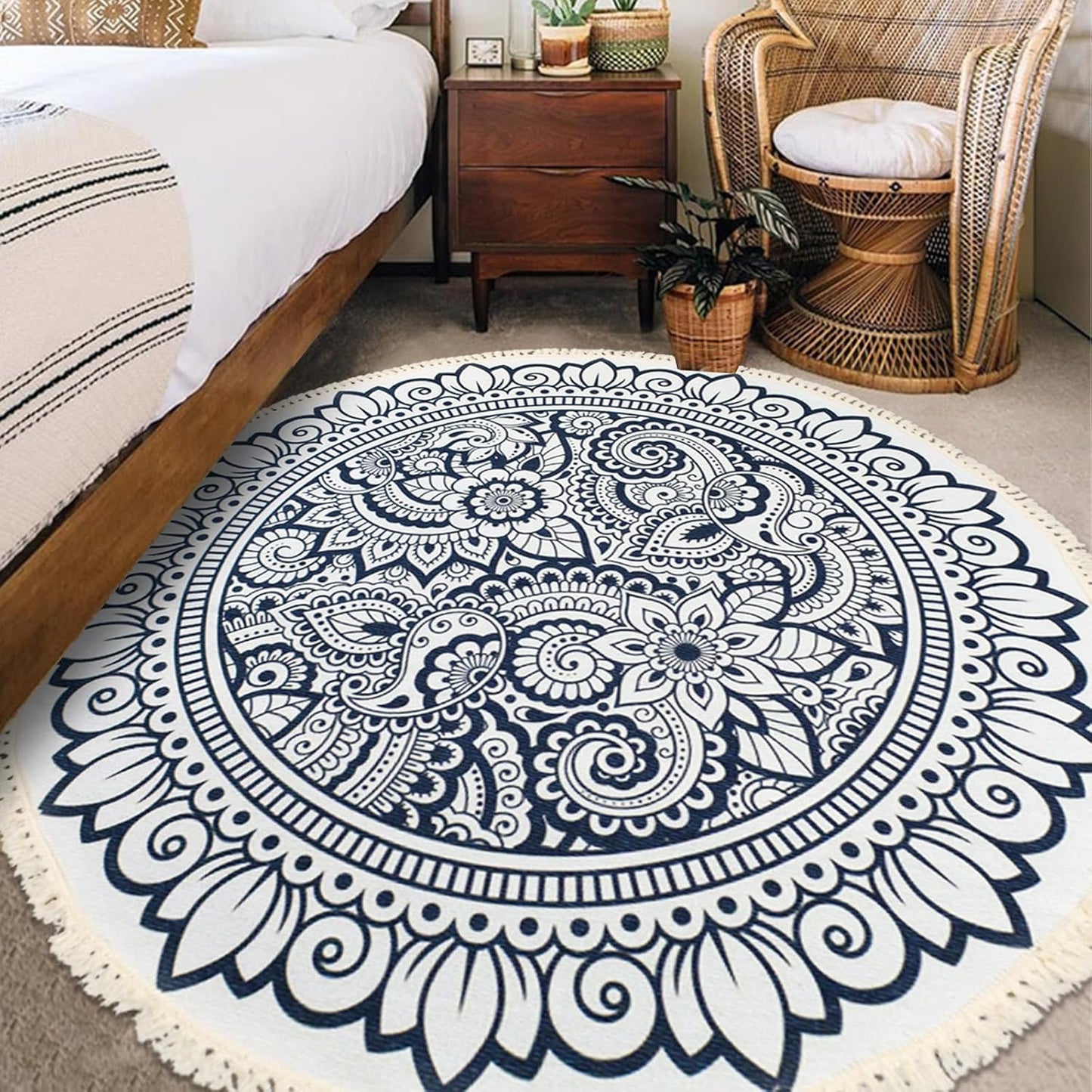 Boho Rug 5Ft Round Bedroom Carpet Circle Nonslip Farmhouse Area Rug Rustic Mandala Floor Mat for Living Room Locker Room Tassel Yoga Throw Rugs Washable Doormat, Purple