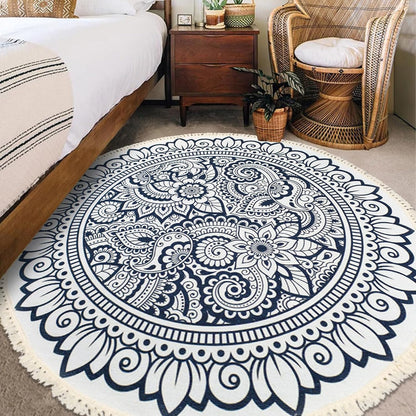 Boho Rug 5Ft Round Bedroom Carpet Circle Nonslip Farmhouse Area Rug Rustic Mandala Floor Mat for Living Room Locker Room Tassel Yoga Throw Rugs Washable Doormat, Purple