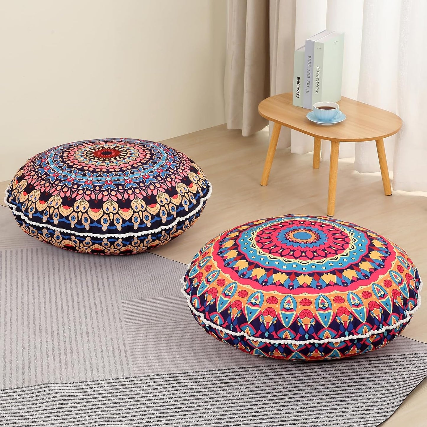 LOVMOC 32 Inch Round Floor Pillow for Adults, Large Thick Memory Foam Boho Mandala Meditation Floor Seating Cushion, Machine Washable for Living Room Outdoor Yoga Floor Sitting, Navy Blue