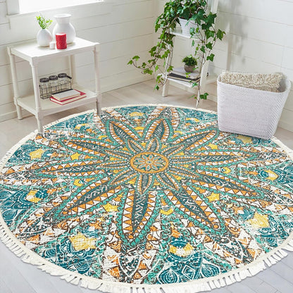 Boho Rug 5Ft Round Bedroom Carpet Circle Nonslip Farmhouse Area Rug Rustic Mandala Floor Mat for Living Room Locker Room Tassel Yoga Throw Rugs Washable Doormat, Purple