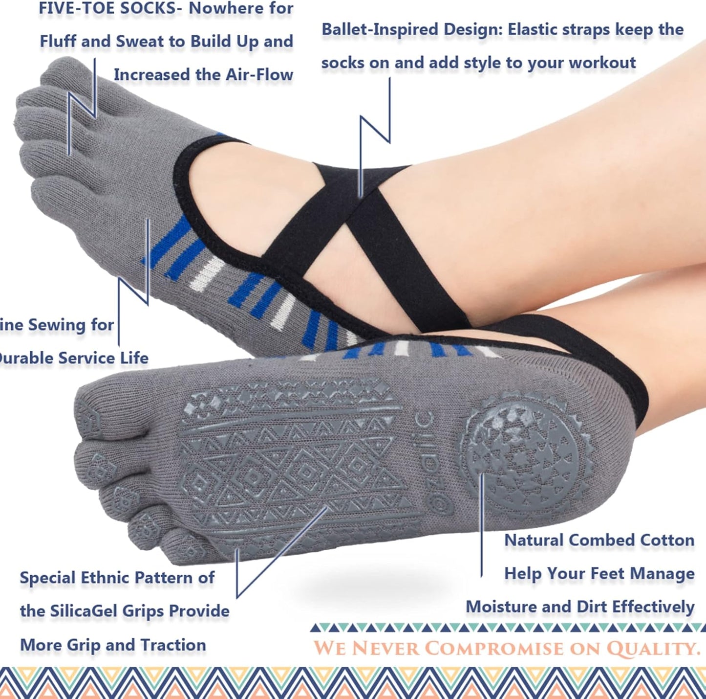 Ozaiic Yoga Socks for Women with Grips, Non-Slip Five Toe Socks for Pilates, Barre, Ballet, Fitness