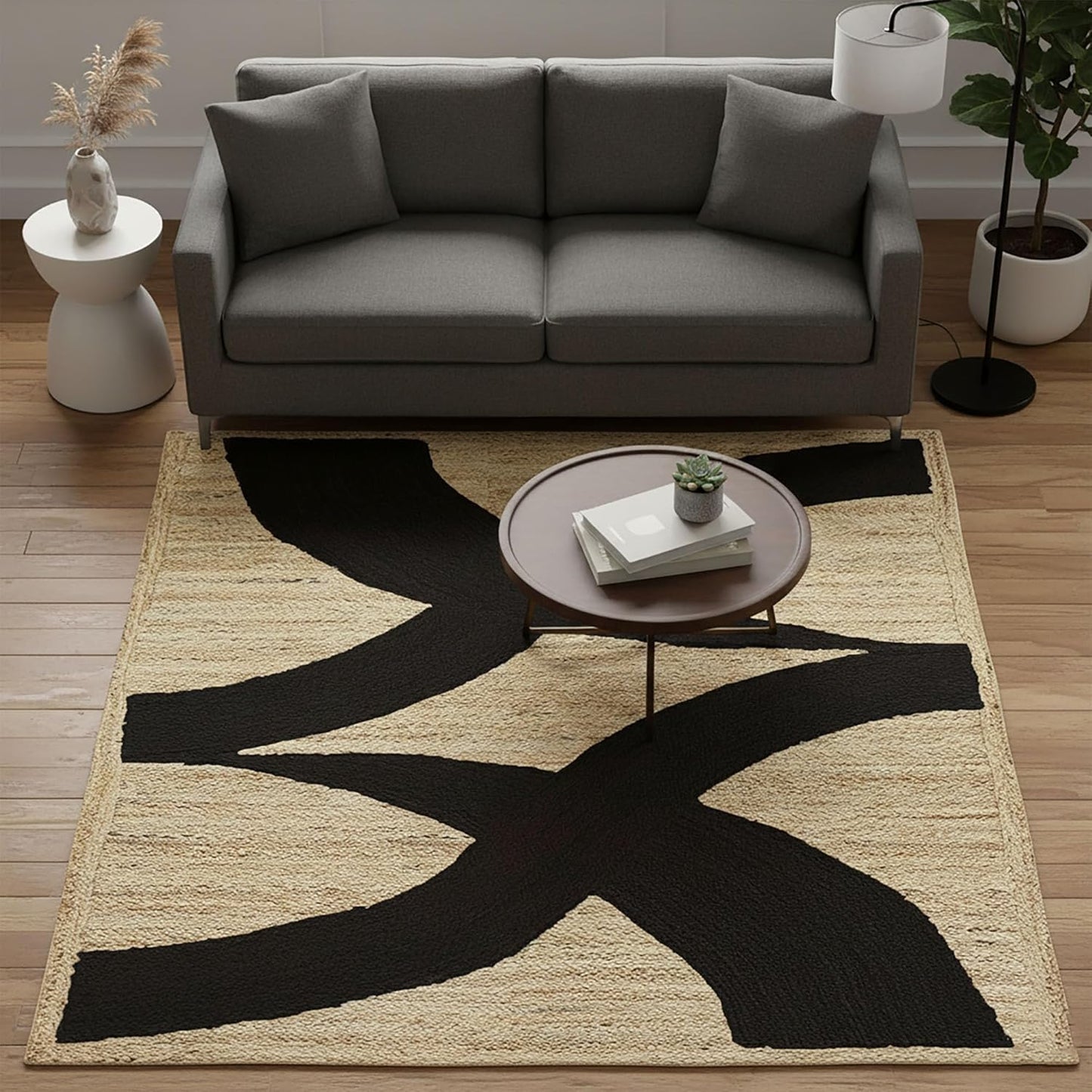 Premium Quality Jute Rug 4x6 Feet Area Rug Natural Fiber Jute Rugs Thick 0.27" Black Abstract Pattern Geometric Rugs for Kids Room, Living Room, Yoga Mat, Indoor Outdoor Carpet - Colors A