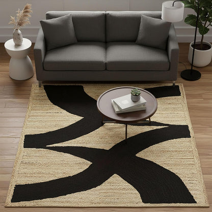 Premium Quality Jute Rug 4x6 Feet Area Rug Natural Fiber Jute Rugs Thick 0.27" Black Abstract Pattern Geometric Rugs for Kids Room, Living Room, Yoga Mat, Indoor Outdoor Carpet - Colors C