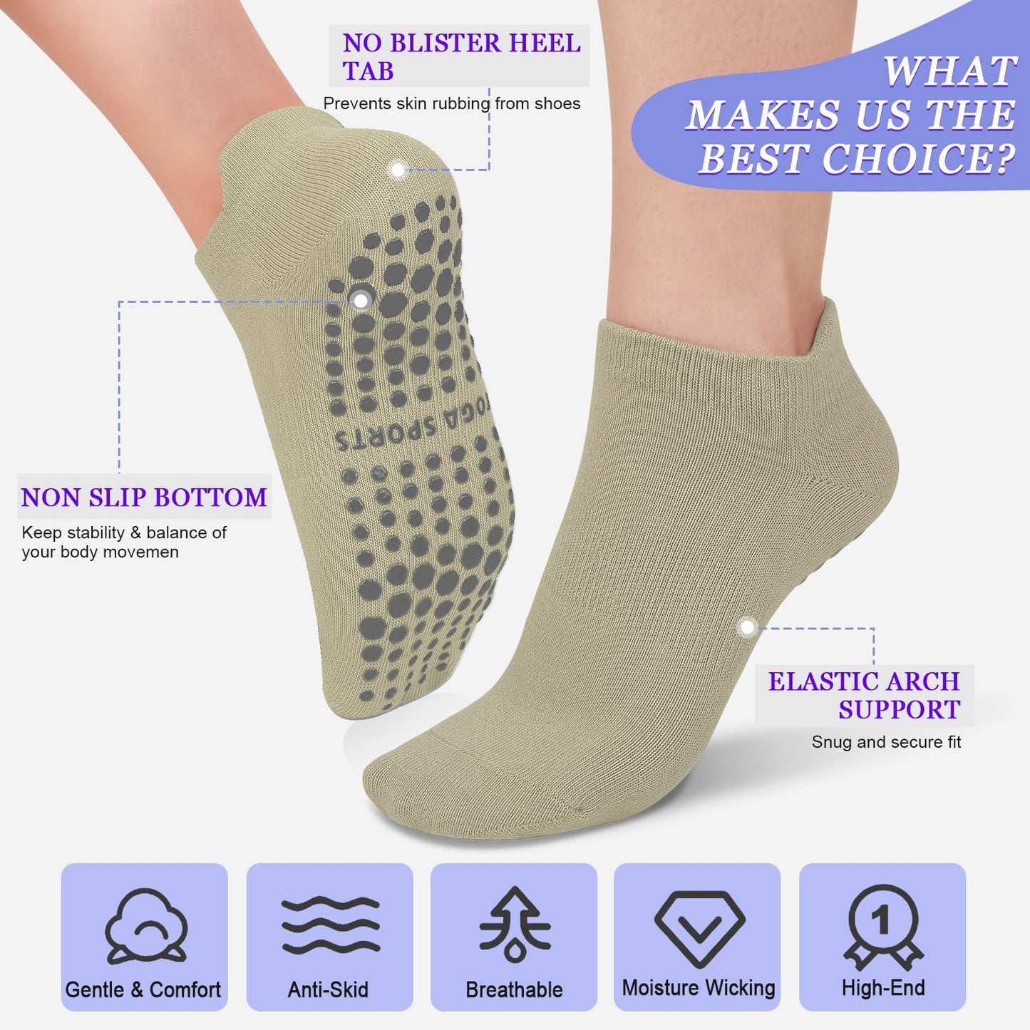 yeuG Pilates Socks for Women Non Slip Grip Socks for Yoga, Barre, Hospital, Barefoot Grippy Yoga Sock Womens Gifts 4 Pairs