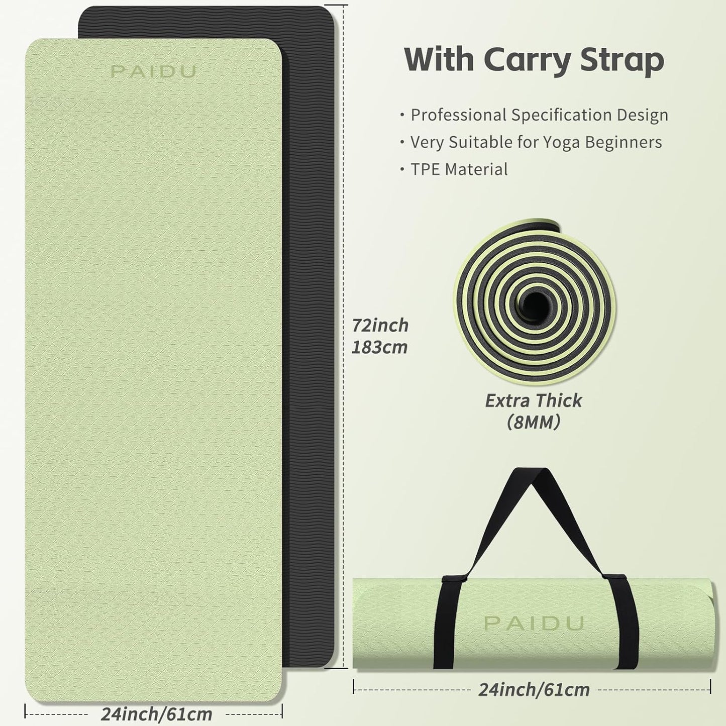 PAIDU Yoga Mat 8mm Super Thick TPE Fitness Mat | SGS Certified | Non-Slip, Odorless & Tear-Resistant | Unisex with Strap | for Yoga, Pilates, Meditation & Home Workouts