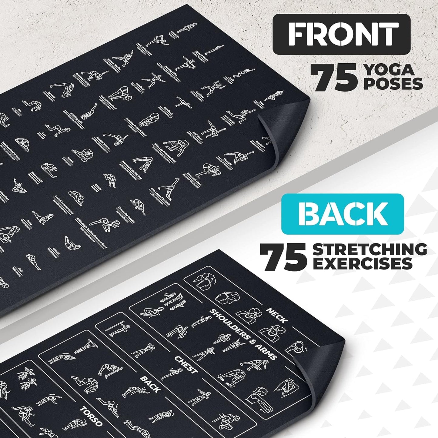 Instructional Yoga Mat with Carrying Strap: Cute Yoga Mat with 75 Illustrated Yoga Poses + 75 Easily-Followed Stretching Exercises - 1/4” Thick, Non-Toxic, Non-Slip Yoga Mats for Women and Men