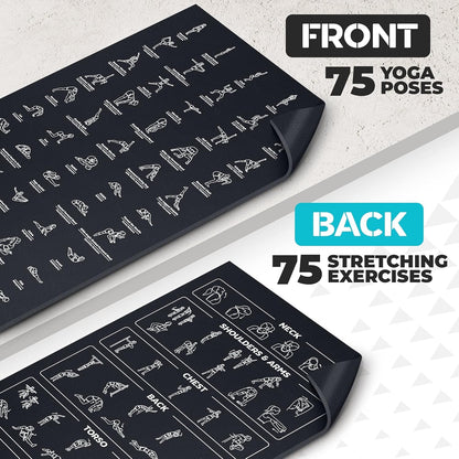 Instructional Yoga Mat with Carrying Strap: Cute Yoga Mat with 75 Illustrated Yoga Poses + 75 Easily-Followed Stretching Exercises - 1/4” Thick, Non-Toxic, Non-Slip Yoga Mats for Women and Men